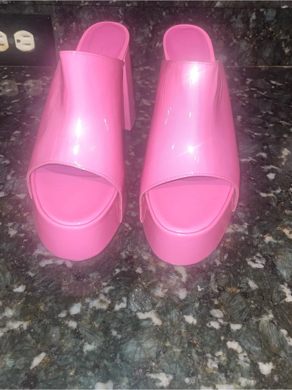 New! BY FAR Pink Brad Patent Platform 120mm Mule Sandals Barbie Pink💖 38 or US 8